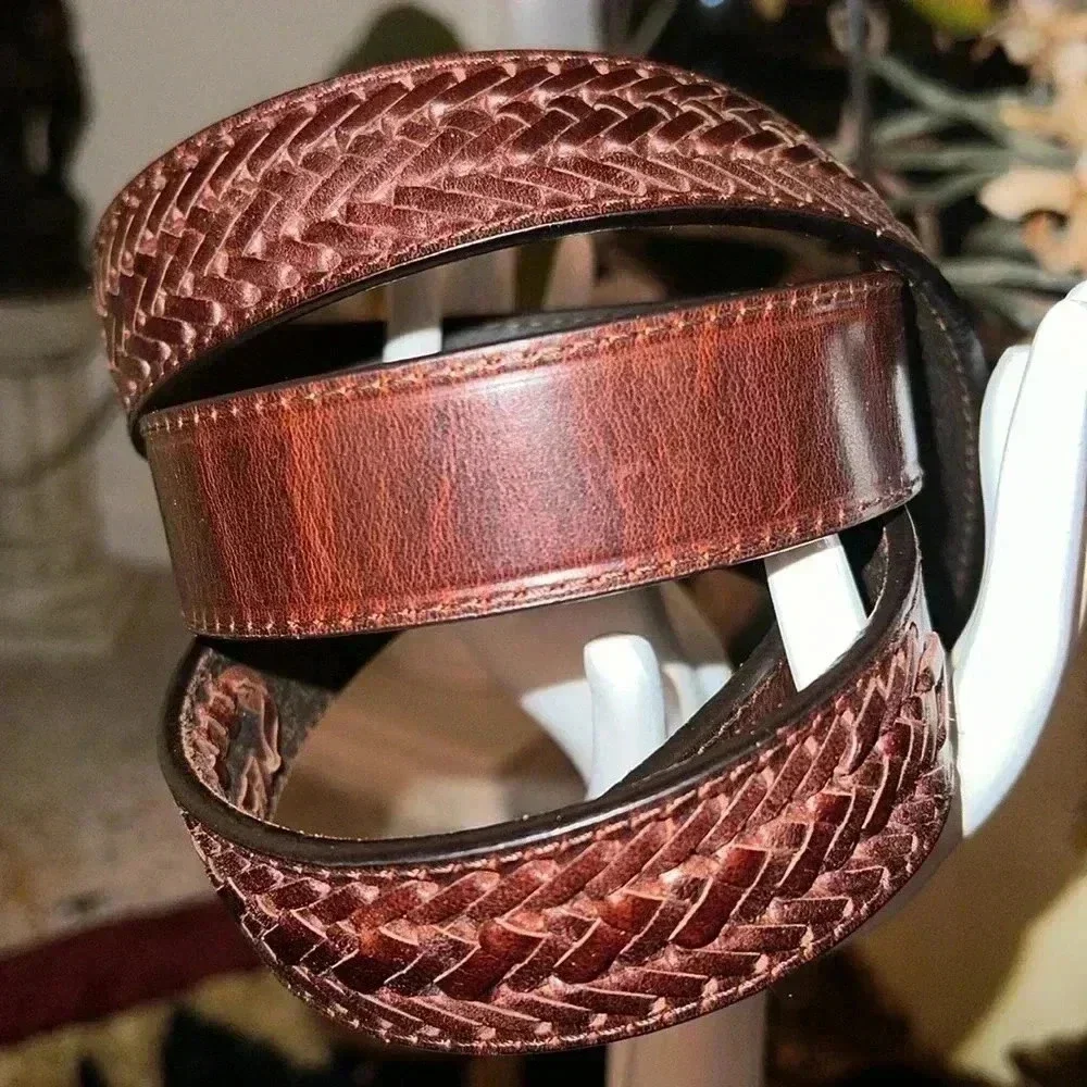 Men’s Brown Leather Braided Solid Belt with Solid Brass Buckle Size 42